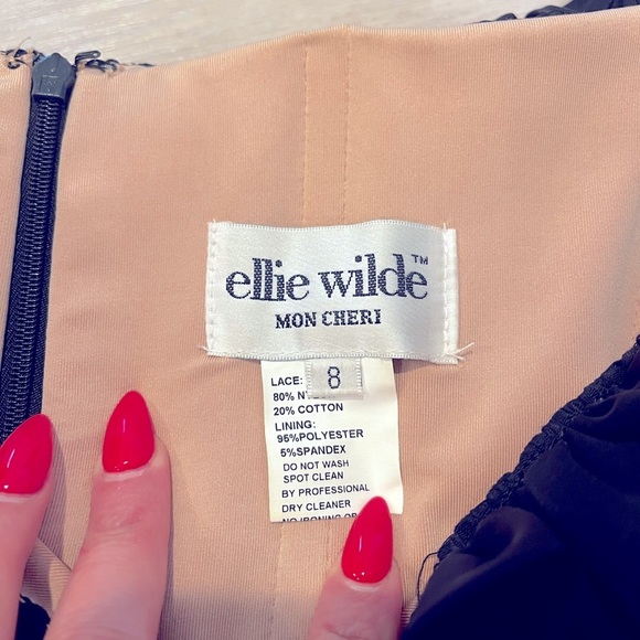 Ellie wilde Mon Cheri black ruffle lace off shoulder elegant dress beading lined - Picture 9 of 12